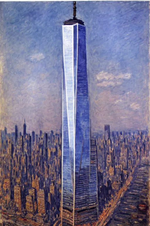 Prompt: One World Trade Center, New York City, illustrated by Claude Monet, very detailed