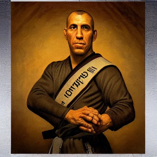 Prompt: royler gracie by rembrandt, intricate, ultra detailed painting, atmospheric lighting, golden hour