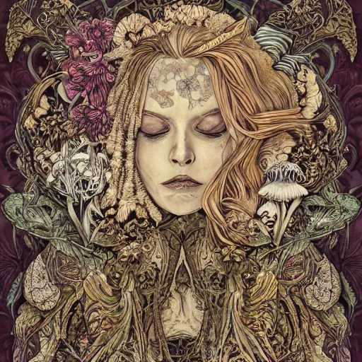 Prompt: a beautiful detailed front view portrait of a rotten woman corpse with fractal plants and fractal flowers and mushrooms growing around, intricate, symmetrical, ornate, ornamentation, bones, illustration, in the style of art nouveau