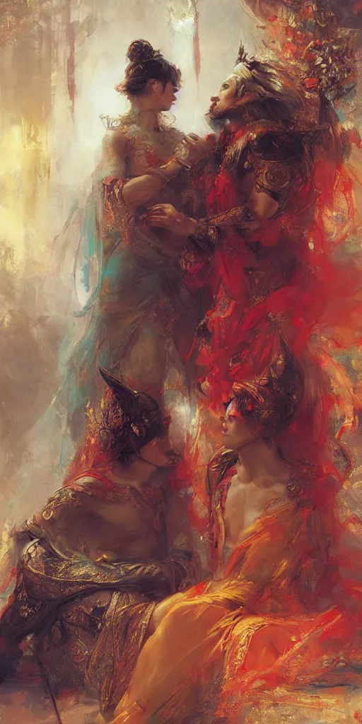 Image similar to greeting card, love, 2 beautiful royal gods, by ruan jia, warm colors, cozy