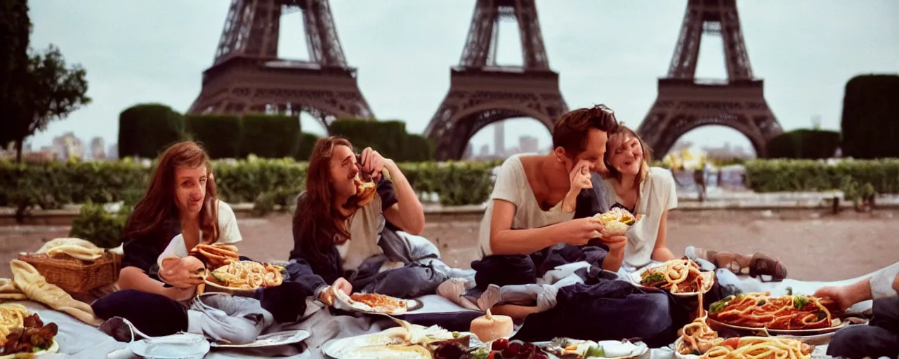 Prompt: young couple enjoying a spaghetti picnic in front of the eiffel tower, high detail, canon 5 0 mm, cinematic lighting, photography, retro, film, kodachrome