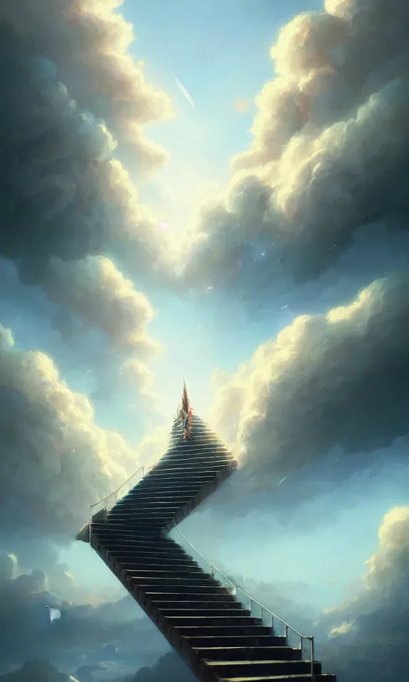 Image similar to stairway to heaven, sky full of clouds, art by greg rutkowski and peter mohrbacher, featured in artstation, octane render, cinematic, elegant, intricate, ultra detailed, rule of thirds, professional lighting, unreal engine, fantasy, concept art, sharp focus, illustration, 8 k