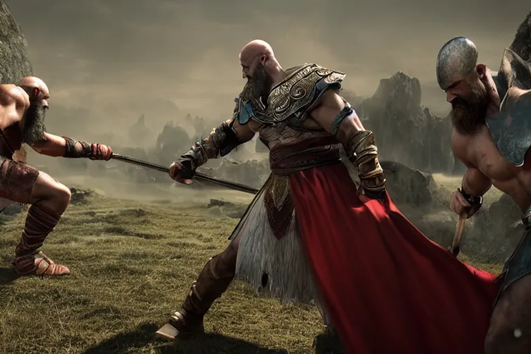 Prompt: One Kratos fighting People in Asgard, wide angle shot, cinematic, depth of field