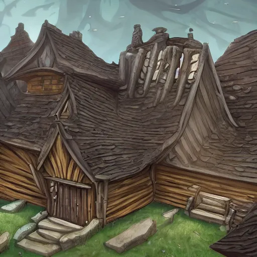 Prompt: trending on artstation, hearthstone. structures with tile roofs, and peaked wooden roofs, structures blackened to some degree by a patina of soot. structures darkest at the top, where the ash gathered, but rainwaters and evening condensations had carried the stains over ledges and down walls in an uneven gradient.