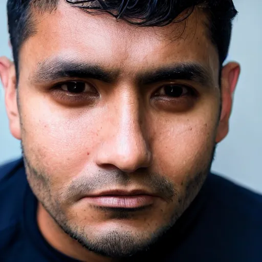 Image similar to close up of face of good looking 3 5 year old peruvian man with clean shaven face, no beard, thin face, small eyes, very short straight black hair in a quiff style, color portrait, 4 k