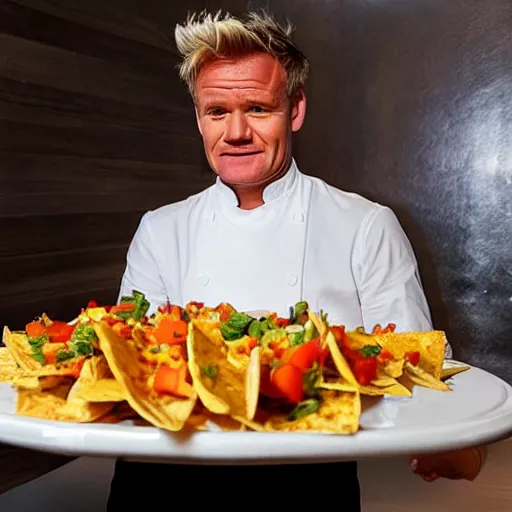 Image similar to Gordon Ramsey reacting to very very extremely delicious nachos expertly arranged and presented