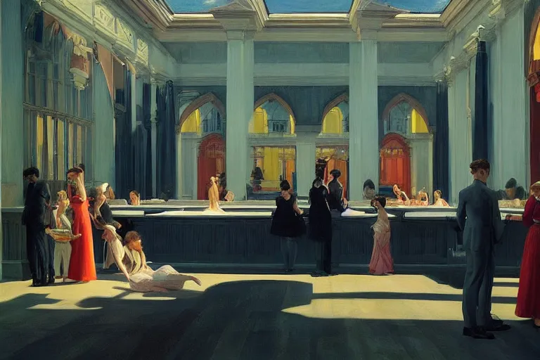 Prompt: a beautiful surreal portrait of a congregation of royal women. Detailed masterpiece. Intricate features. Edward Hopper, Martine Johanna, Roger Deakin’s cinematography, by J. C. Layendecker and Peter Paul Rubens