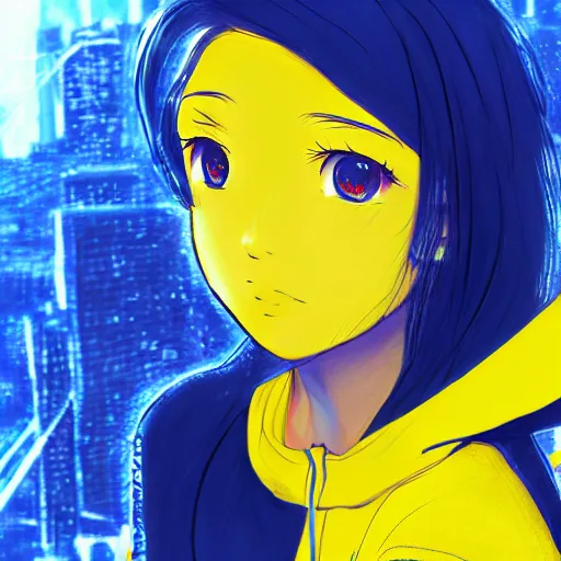 Image similar to anime ukrainian girl, in blue and yellow clothes, watching explosions in big city, concept art, trending on artstation, highly detailed, intricate, sharp focus, digital art, 8 k