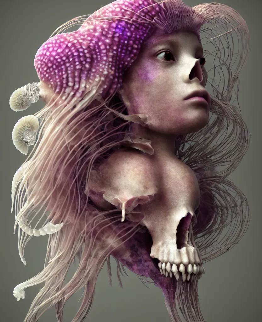 Image similar to goddess princess beautiful face close-up portrait ram skull fluffy toy. jellyfish phoenix head, nautilus, orchid, skull, betta fish, bioluminiscent creatures, intricate artwork by Tooth Wu and wlop and beeple. octane render, trending on artstation, greg rutkowski very coherent symmetrical artwork. cinematic, hyper realism, high detail, octane render, 8k