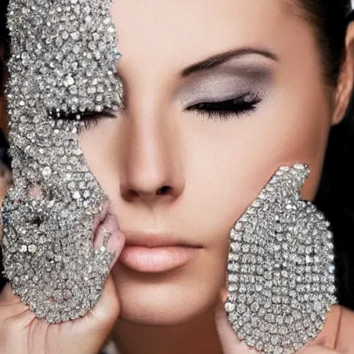 Image similar to a woman's face encrusted in diamonds and crystals