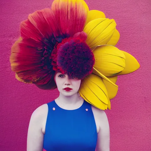 Prompt: giant flower head, full body, girl standing in mid century hotel, surreal, symmetry, bright colors, blue sky, cinematic, wes anderson