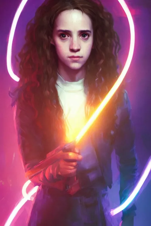 Image similar to portrait of Hermione Granger in cyberpunk, neon lighting, digital art from artstation by Ruan Jia and Mandy Jurgens and Artgerm and william-adolphe bouguereau and Greg Rutkowski and Wayne Barlowe