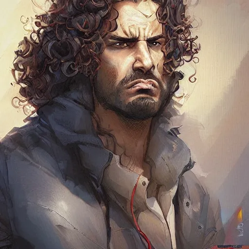 Image similar to a skeptical squinting looking curly - haired persian programmer giving the stink eye, by artgerm and greg rutkowski and magali villeneuve