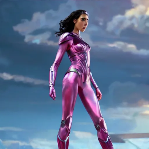 Prompt: gal gadot as the pink power ranger in the style of makoto shinkai zhaoming wu, john collier, albert aublet, cedric peyravernay. sharp focus, semi - realism, intricate detail. unreal engine, octane rendering