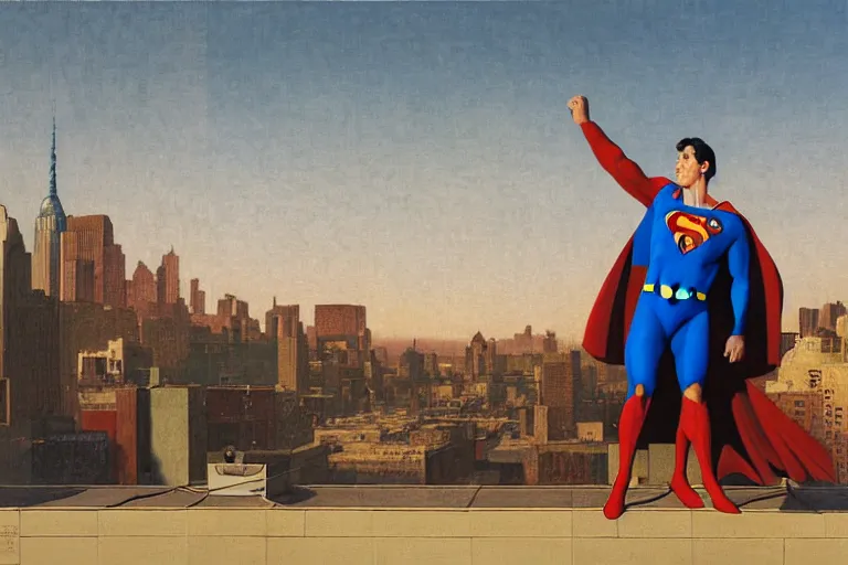 Prompt: painting of superman, in a rooftop, watching new york, beautiful, sunset, romantic, by ludwig deutsch and maxfield parrish, patterned tilework, extremely detailed, cinematic lighting, smooth sharp focus