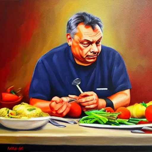 Image similar to viktor orban cooking, oil painting