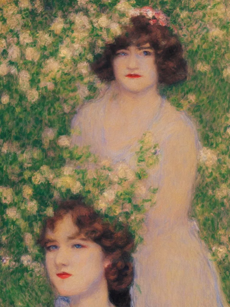 Prompt: portrait of < zelda fitzgerald > as a beautiful young lady, in the sun, out of focus, pleinairism,, backlit, closeup, oil on canvas, atr by monet, impressionnisme, 8 k