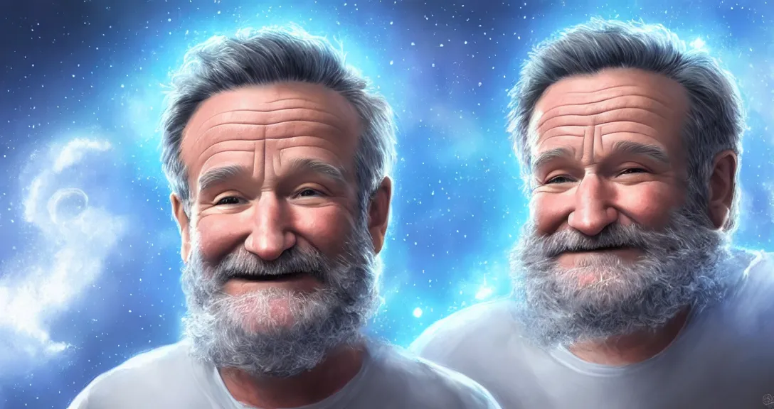 Image similar to robin williams, white beard, space clouds, milkyway, blue eyes, smiling, single subject, intricate, detailed, volumetric lighting, scenery, digital painting, highly detailed, artstation, sharp focus