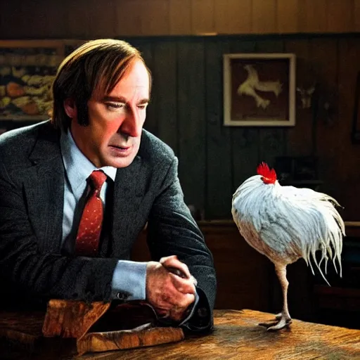 Image similar to saul goodman and a rooster in a saw movie torture chamber, jigsaw, saul goodman, rooster, photo