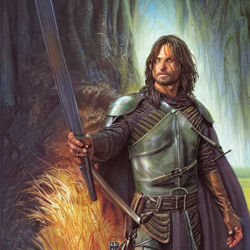 Prompt: honorable ranger Strider Aragorn by Mark Brooks, Donato Giancola, Victor Nizovtsev, Scarlett Hooft, Graafland, Chris Moore