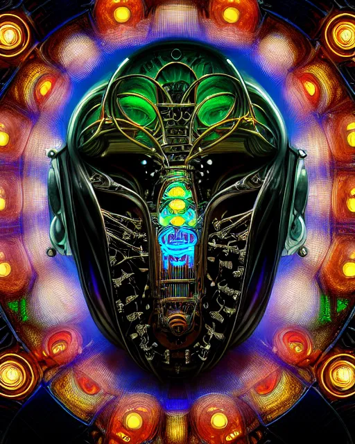 Prompt: front shot of a ancient futuristic cyberpunk hooded dead biomechanical demon in dichroic glass mask mastermind character, vintage bulbs electronics, circuit board, intricate, elegant, highly detailed, centered depth of field. mandala background, (((artstation, concept art, smooth, sharp focus, artgerm, Tomasz Alen Kopera, Peter Mohrbacher, donato giancola, Joseph Christian Leyendecker, WLOP, Boris Vallejo))), octane render, unreal engine, 3d render, macro mugshot!!!!!, ugly!!!!!!, octane render, nvidia raytracing demo, grainy, muted