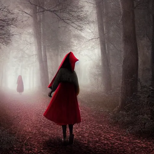 Prompt: highly detailed digital matte painting of little red riding hood walking through a dark foggy forest path, grimdark atmosphere, and volumetric light. trending on artstation, luis royo