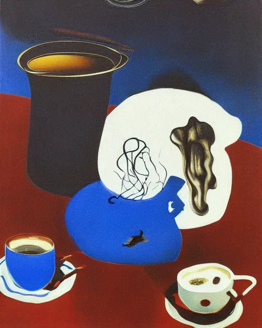 Prompt: salvador dali's 'a brain submerged in a pot of coffee', still life, far shot, blue background