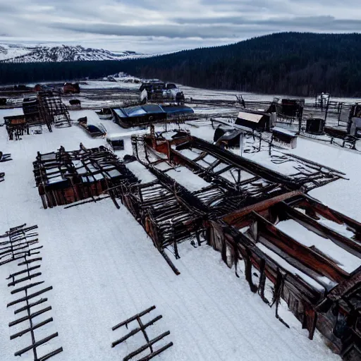 Prompt: top down drone footage of post pocaliptic frostpunk landscape, old abandoned lumber mill, crates with wood and supply, beautiful icy area