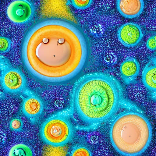 Prompt: amazing microcosm, macrocosm, amoebae, protodoa, different type of critters with a cute face and touching eyes and smile, different type of positive microcreatures, life under the microscope, impressions, mixed media, seamless fashionable background, ftactal, cyclic reflective rainbow fdecomite, trending in artStation:2, watermark:-1