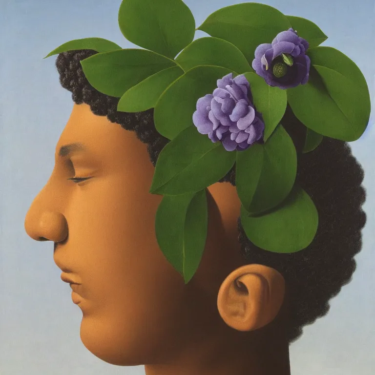 Image similar to portrait of a faceless lavender and camellia flower - head black woman by rene magritte, detailed painting, distance, centered, hd, hq, high resolution, high detail, 4 k, 8 k