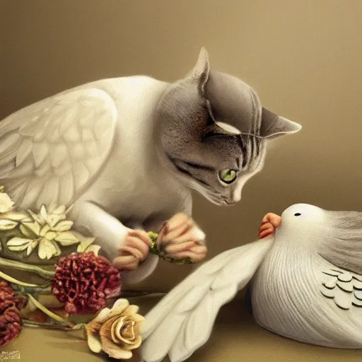 Image similar to cat playing with the dove of peace, photorealistic, detailed