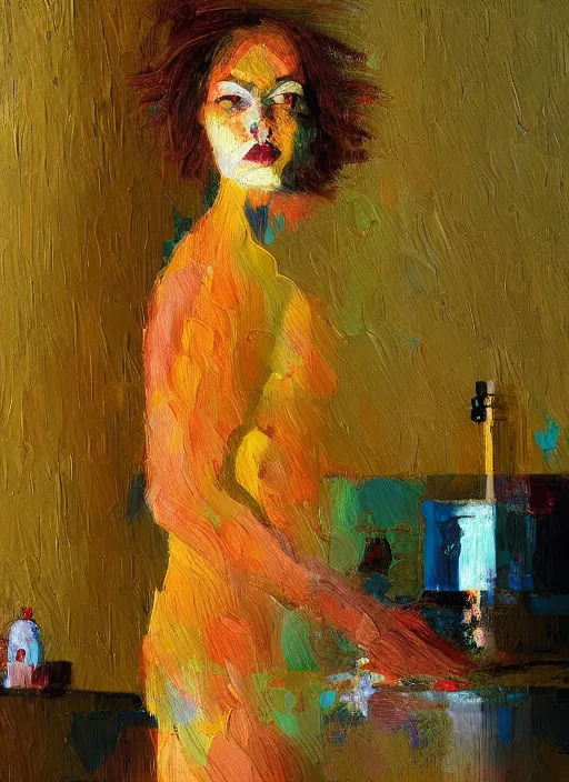 Image similar to a beautiful glitched painting by christian hook and alex kanevsky of a woman in a bathroom, still life, warm colors