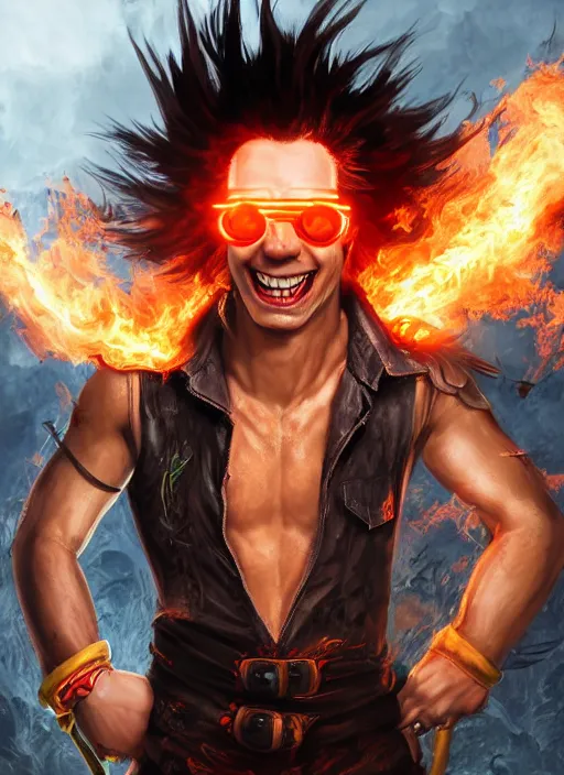 Image similar to An epic fantasy comic book style portrait painting of young man with red spiked long hair, using an orange lens googles. Wearing white shirt, a black waistcoat, brown pants and black boots. He is throwing a wild fire blast from his hands, with a vicious smile in face. Unreal 5, DAZ, hyperrealistic, octane render, cosplay, RPG portrait, dynamic lighting