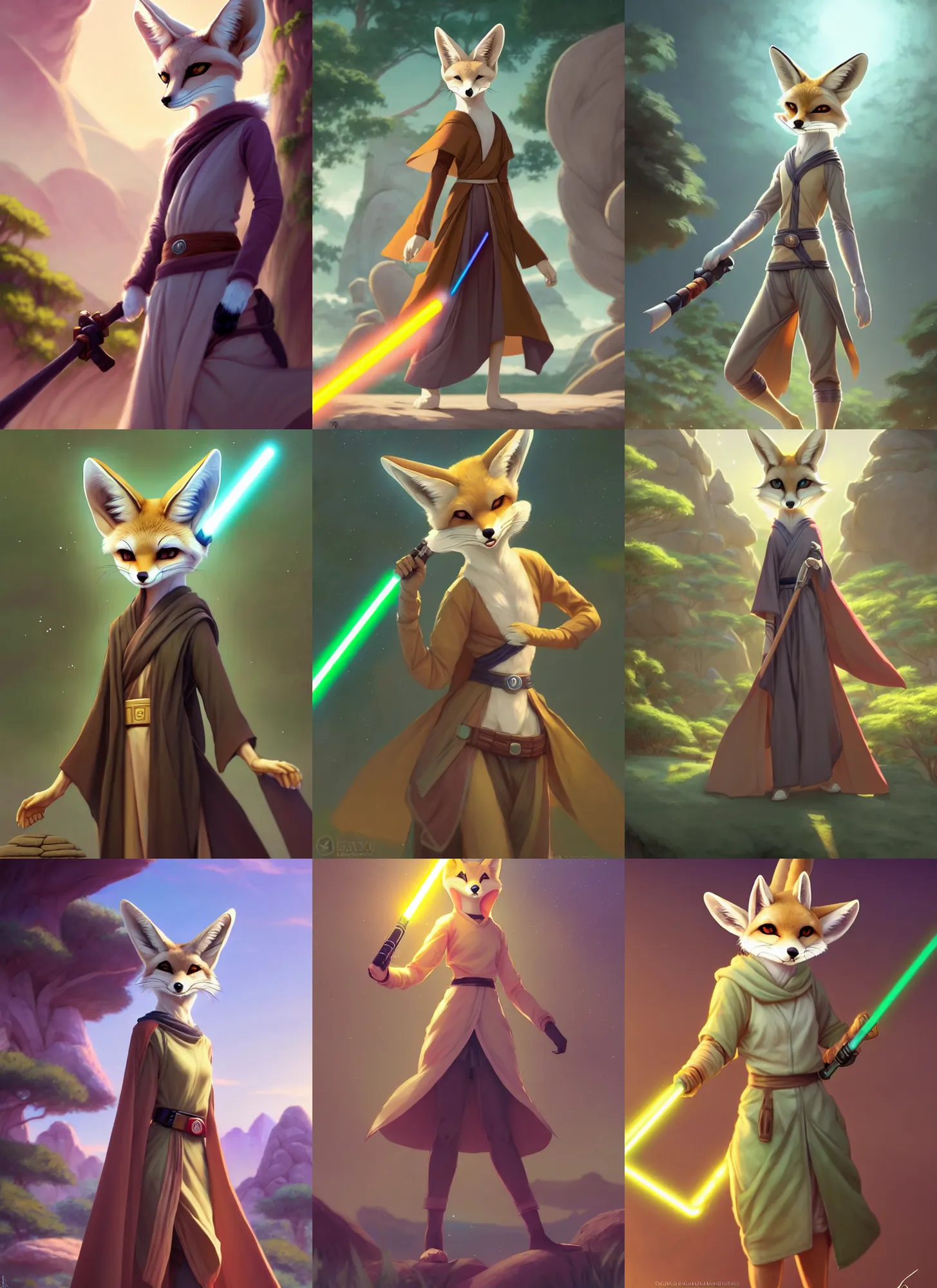 Prompt: wide angle beautiful full body portrait of a strong female anthropomorphic anthro fennec fursona wearing jedi robes at a zen garden. character design by disney, anime, manga, charlie bowater, ross tran, artgerm, and makoto shinkai, detailed, soft lighting, rendered in octane