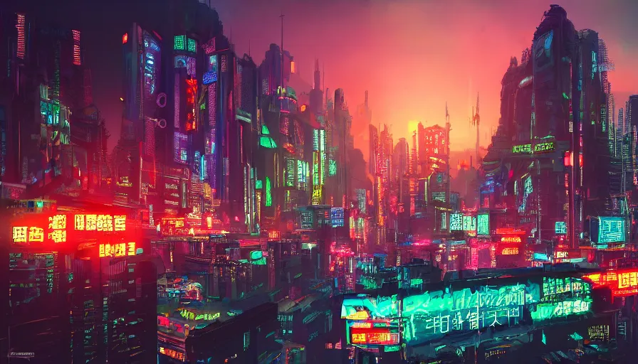 Prompt: cyberpunk city with neon signs in chinese and mcdonald's built in the mountains with waterfalls and forest at the foot of green gigantic mountains at sunset, fireplace, hyperdetailed, artstation, cgsociety, 8 k