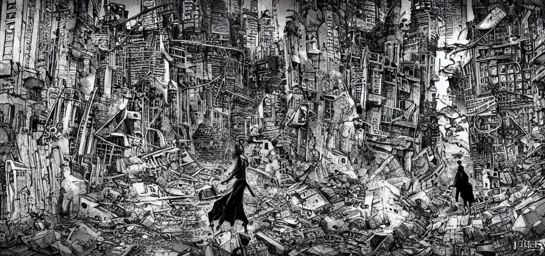 Image similar to abandoned and eroding futuristic city with figures walking around by Junji Ito, scary, horror, eeri, ominous