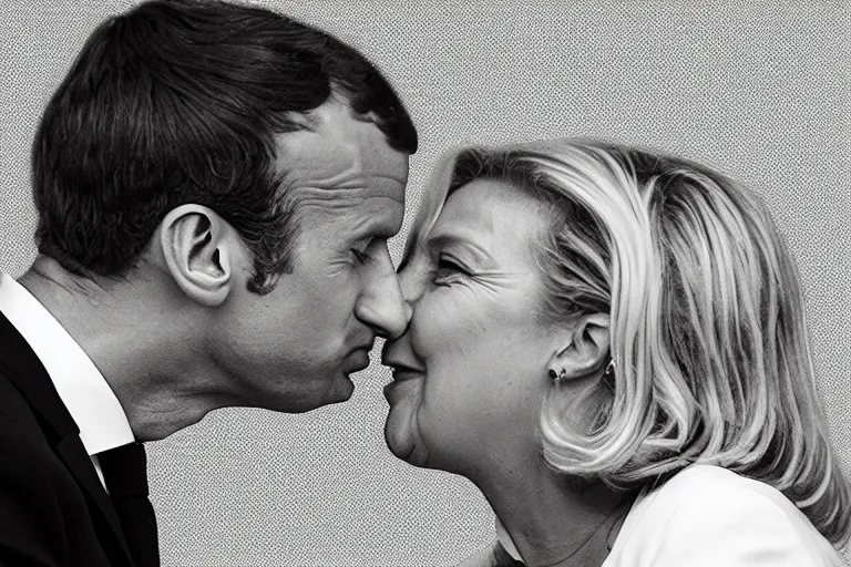 Image similar to Emmanuel Macron kissing Marine Lepen on the mouth , photojournalism photography, white background