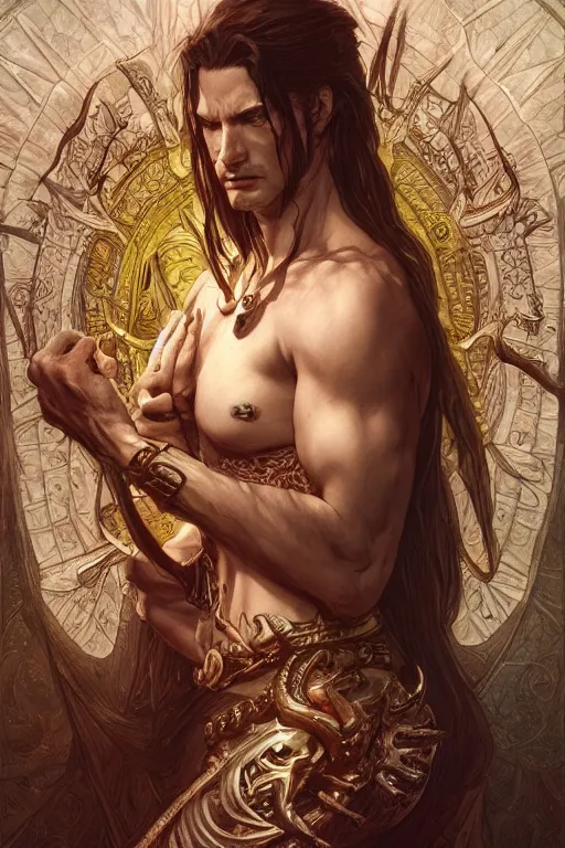 Image similar to ultra realistic illustration, asmodeus, lucifer from diablo and baldurs gate, intricate, elegant, highly detailed, digital painting, artstation, concept art, smooth, sharp focus, illustration, art by artgerm and greg rutkowski and alphonse mucha