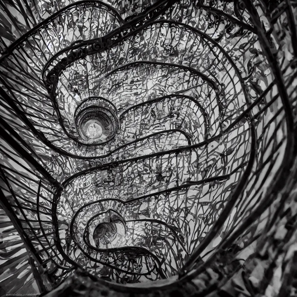 Prompt: movie still, grand spiral staircase going down deep in a dark hole, baroque, by etienne - louis boullee and gaudi, dramatic volumetric cinematic light, chiaroscuro, leica, high quality, high detailed, detailed patterns pop art