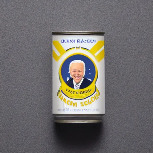 Image similar to biden on mini soda can, kitchen