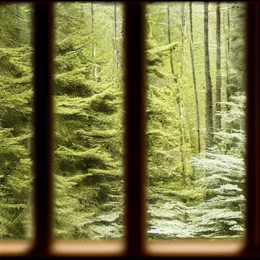 Prompt: a window with a view of a rainy european forest outside,it's getting dark