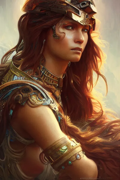 Prompt: portrait of a female Amazon warrior looking fierce, sci-fi, fantasy, intricate, dramatic lighting elegant, highly detailed, digital painting, artstation, octane render, unreal engine, concept art, smooth, sharp focus, art by artgerm and greg rutkowski and alphonse mucha