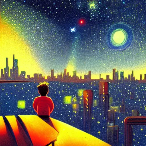 Image similar to a kid in a big city, sits on a rooftop, watches a beautiful night full of stars and tech buildings, dramatic, by paul lehr