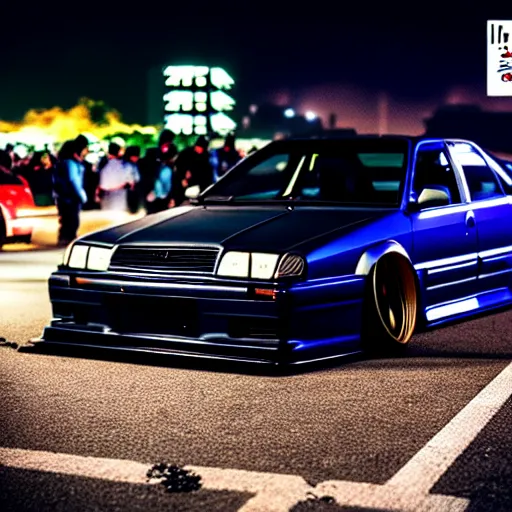 Image similar to a car JZX90 turbo drift at illegal car meet, Chiba prefecture, city midnight mist lights, cinematic color, photorealistic, highly detailed, work wheels, 200MM