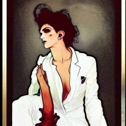 Image similar to comely portrait of androgynous ruby rose as desire from sandman in a white tuxedo!!!, rockabilly style,, by alphonse mucha, by jeremy mann, by peter lindbergh, dave mckean, by frank moth, white suit and black tie, soft lightning, high detailed, 8 k