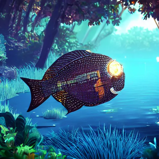 Image similar to screenshot from an AAA video game about fish that can transform to a disco ball trending on artstation