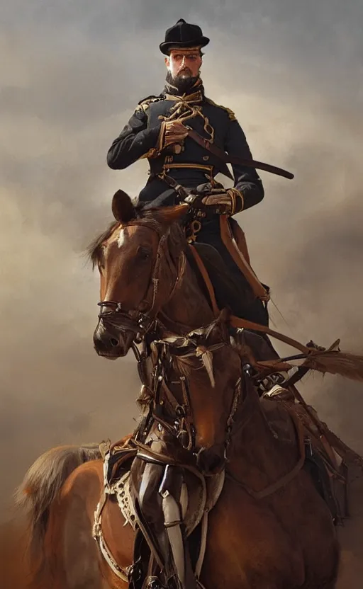 Prompt: Portrait of a victorian army officer on horseback, male, detailed face, 19th century, highly detailed, cinematic lighting, digital art painting by greg rutkowski