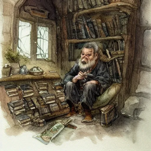 Prompt: a muted color watercolor sketch of a old man sitting in big chair next of a fireplace in his hobbit house living room surrounded by stacks of books from story book character ifrom the book Baltimore & Redingote by Jean-Baptiste Monge of an old man in the style of by Jean-Baptiste Monge that looks like its by Jean-Baptiste Monge and refencing Jean-Baptiste Monge