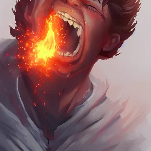 Prompt: Illustration of the King of ashes, he is casting a huge fireball while laughing with a crazy look by Julen Urrutia, trending on artstation