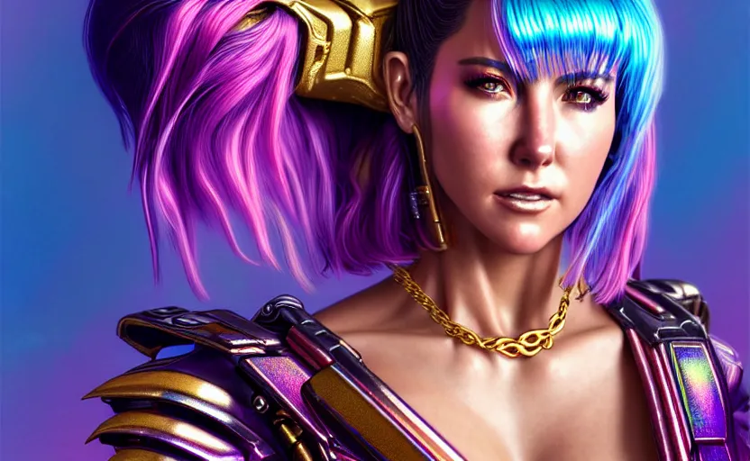 Image similar to hyperdetailed portrait of a stunningly beautiful cyberpunk jennifer anniston with short dark hair guard made of iridescent metals and shiny pink gems, bright rainbow nimbus, gold necklace, gold background inspired by ross tran and masamune shirow and kuvshinov, intricate, photorealistic, octane render, rtx, hdr, unreal engine, dnd digital art by artgerm